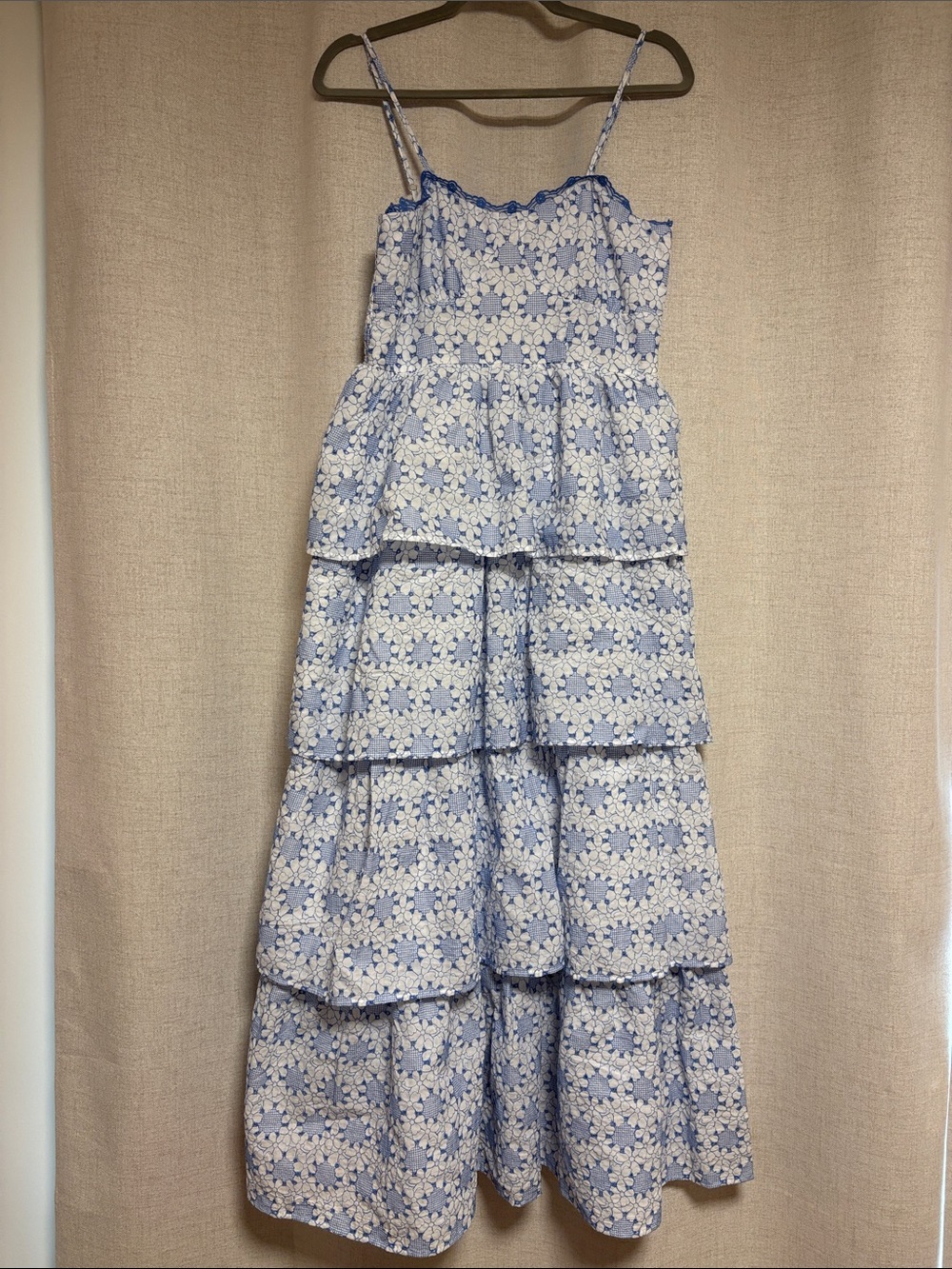 Altar'd State Blue and White Floral Tiered Spaghetti-Strap Dress